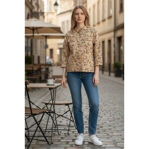 Christopher & Banks Women's XL Beige World‎ Travel paris Print Zip Front Jacket